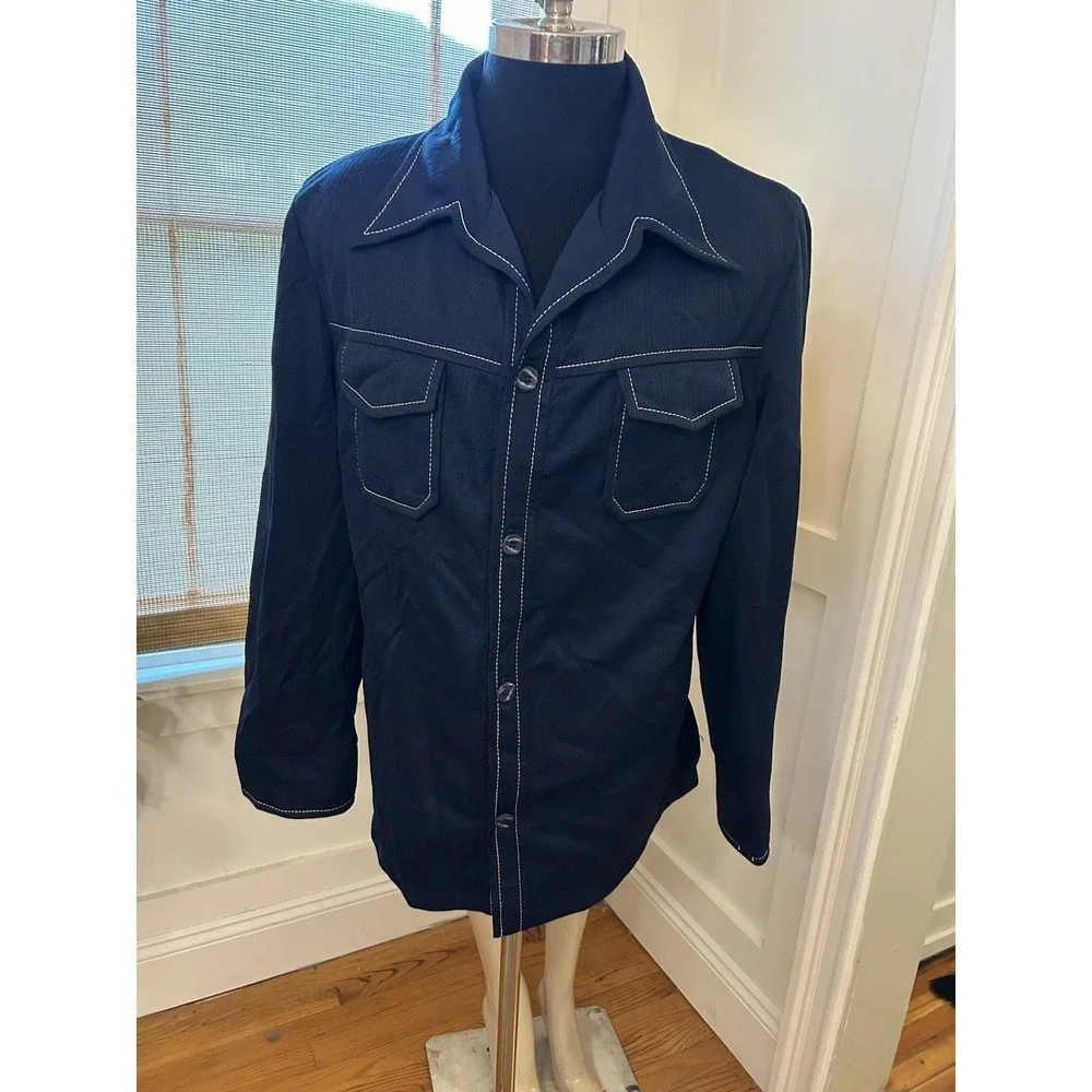 Vtg 70s Dagger Collar Navy Blue Leisure Suit Jacket Mens Polyester Knit Shirt M
